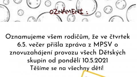 OZNÁMENÍ - OTEVŘENÍ  DS OD 10.5.2021